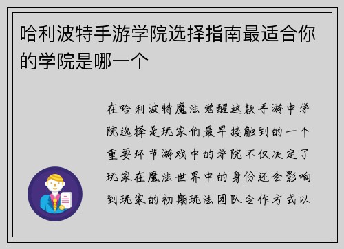 哈利波特手游学院选择指南最适合你的学院是哪一个